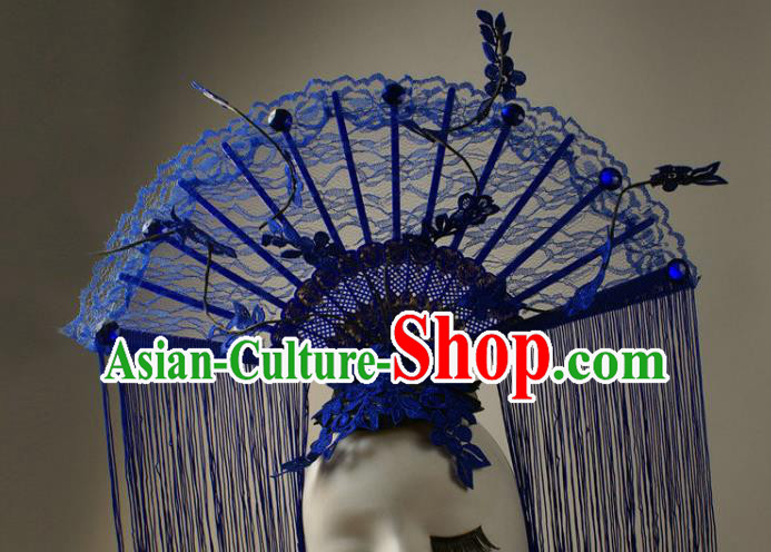 Top Grade Catwalks Queen Blue Lace Hair Accessories China Style Stage Performance Modern Fancywork Headwear