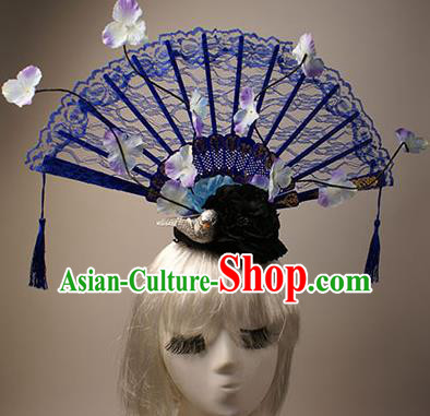 Top Grade Chinese Catwalks Hair Accessories Halloween Stage Performance Blue Lace Hair Clasp Modern Fancywork Headwear