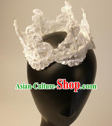 Top Grade Christmas Catwalks Hair Accessories Halloween Stage Performance White Lace Royal Crown Modern Fancywork Headwear