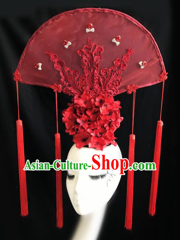 Top Grade Chinese Traditional Catwalks Hair Accessories Exaggerated Palace Pincess Red Fan Headdress Halloween Modern Fancywork Headwear