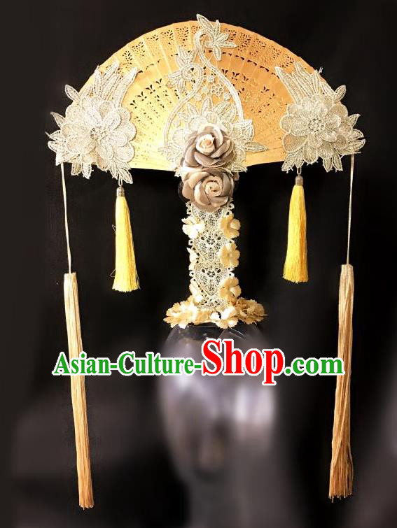 Top Grade Catwalks Golden Flowers Hair Accessories Exaggerated Chinese Traditional Headdress Modern Fancywork Headwear