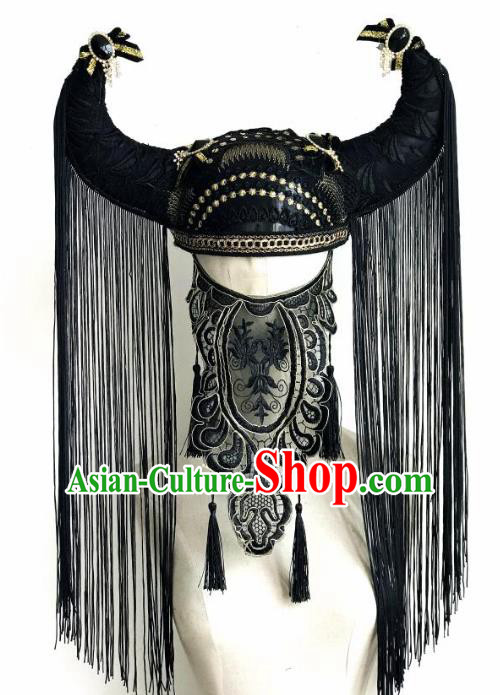 Top Grade Catwalks Hair Accessories Exaggerated Black Tassel Ox Horn Hats Modern Fancywork Headwear