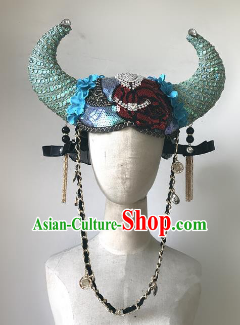 Top Grade Catwalks Hair Accessories Exaggerated Blue Ox Horn Hats Modern Fancywork Headwear