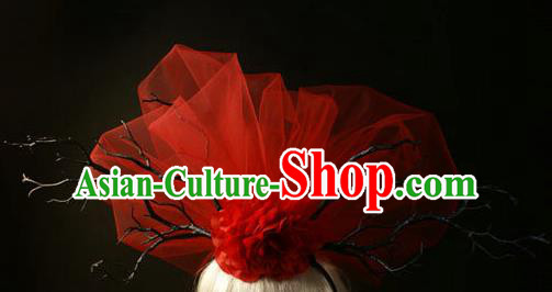 Top Grade Christmas Catwalks Hair Accessories Halloween Stage Performance Red Veil Hair Clasp Modern Fancywork Headwear