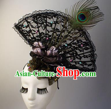 Top Grade Catwalks Chinese Traditional Hair Accessories Halloween Modern Fancywork Black Lace Headwear