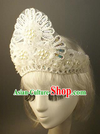 Top Grade Catwalks Hair Accessories White Lace Pearls Royal Crown Halloween Modern Fancywork Headwear