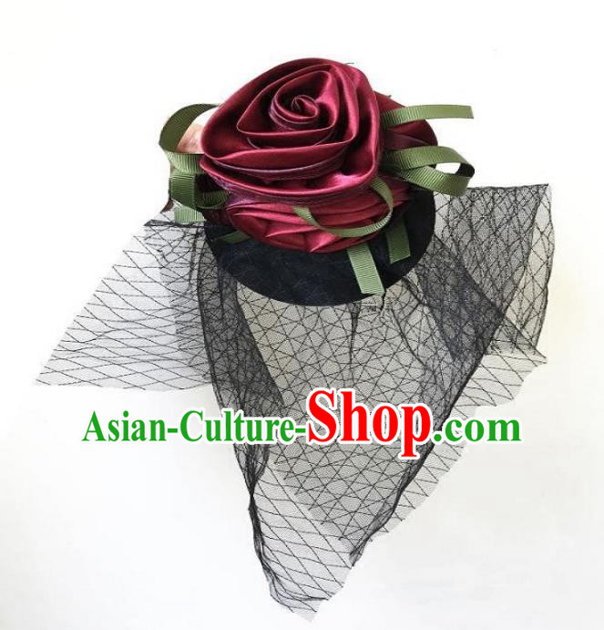 Top Grade Catwalks Hair Accessories Exaggerated Wine Red Rose Top Hat Halloween Modern Fancywork Wedding Headwear