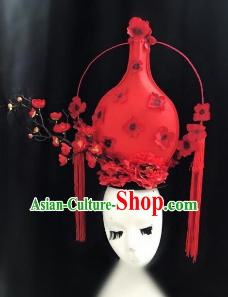Top Grade Chinese Catwalks Hair Accessories Red Flowers Headdress Exaggerated Halloween Modern Fancywork Headwear