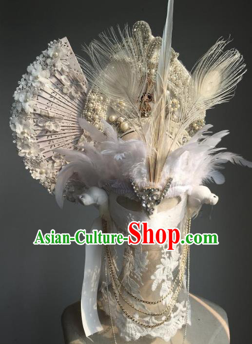 Top Grade Catwalks Hair Accessories Exaggerated Baroque Bride Feather Hair Clasp Modern Fancywork Headwear