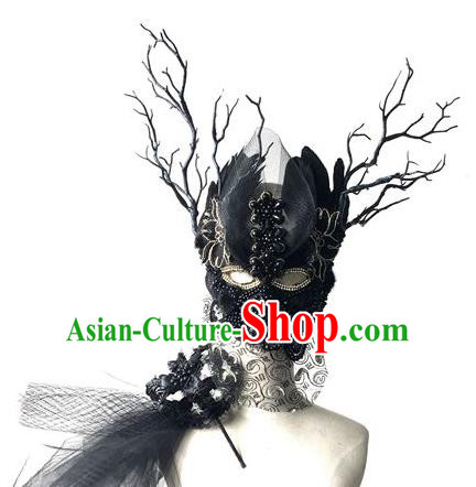 Halloween Handmade Black Feather Face Mask Fancy Ball Catwalks Masks Christmas Exaggerated Feather Masks