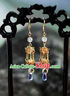 China Ancient Palace Accessories Golden Earrings Chinese Traditional Jewelry Hanfu Eardrop for Women