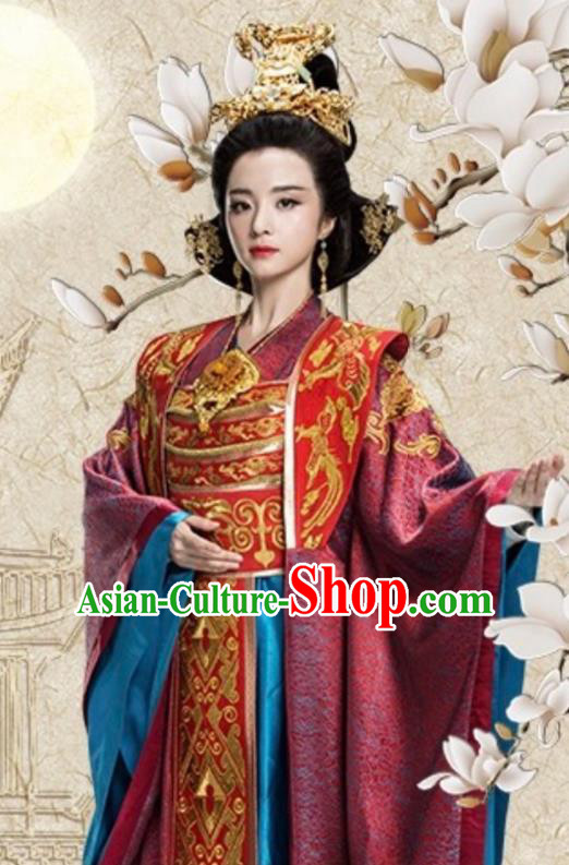 Chinese Ancient Queen Mother Hanfu Dress Northern Zhou Dynasty Empress Dowager Historical Costume and Headpiece Complete Set