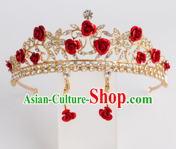 Baroque Bride Hair Accessories Classical Royal Crown Red Rose Imperial Crown Headwear for Women