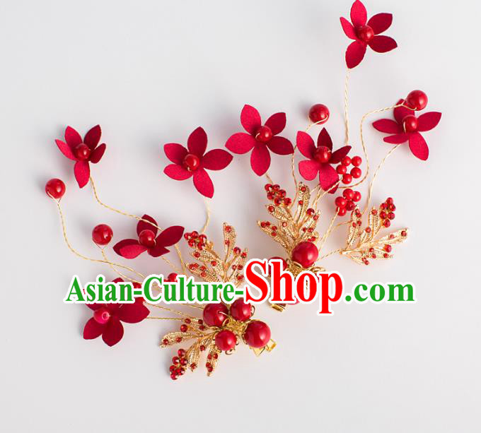 Bride Hair Accessories Princess Red Flowers Hair Claws Classical Wedding Crystal Hair Stick for Women