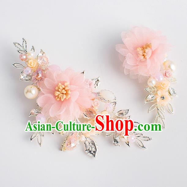 Chinese Ancient Bride Hair Accessories Xiuhe Suit Hairpins Pink Silk Flower Hair Sticks for Women