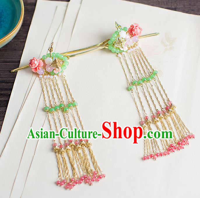 Chinese Traditional Palace Hair Accessories Xiuhe Suit Pink Beads Tassel Hair Clips Ancient Hairpins for Women