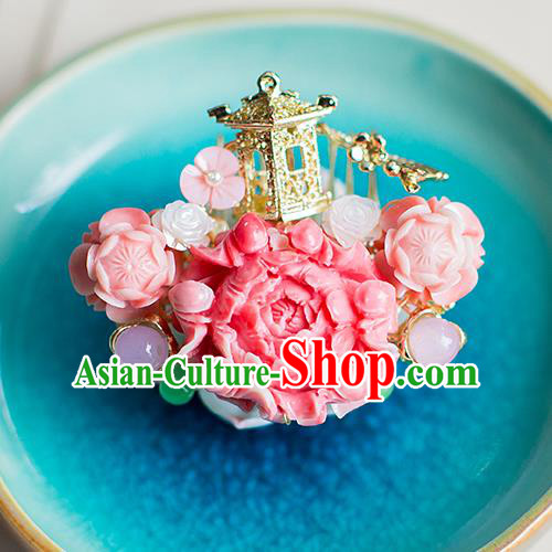 Chinese Traditional Palace Hair Accessories Xiuhe Suit Pink Peony Hair Comb Ancient Hairpins for Women