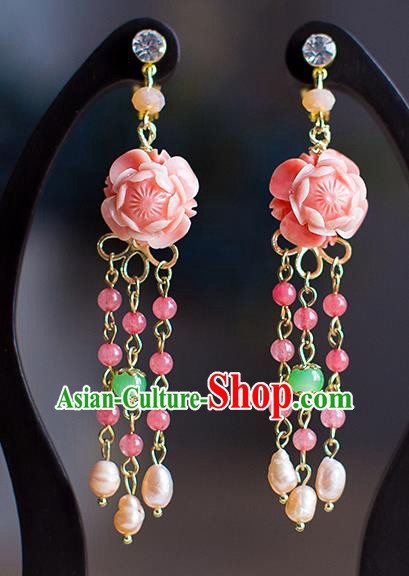 Chinese Ancient Bride Classical Accessories Pink Peony Earrings Wedding Jewelry Hanfu Eardrop for Women