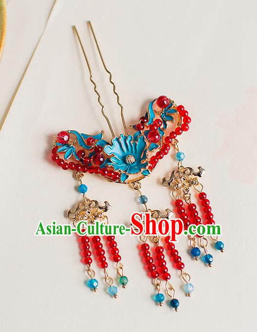 Chinese Traditional Palace Hair Accessories Xiuhe Suit Red Beads Tassel Hair Clips Ancient Hairpins for Women