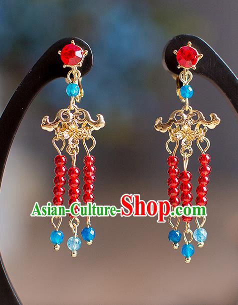 Chinese Ancient Bride Classical Accessories Earrings Wedding Jewelry Hanfu Red Beads Tassel Eardrop for Women