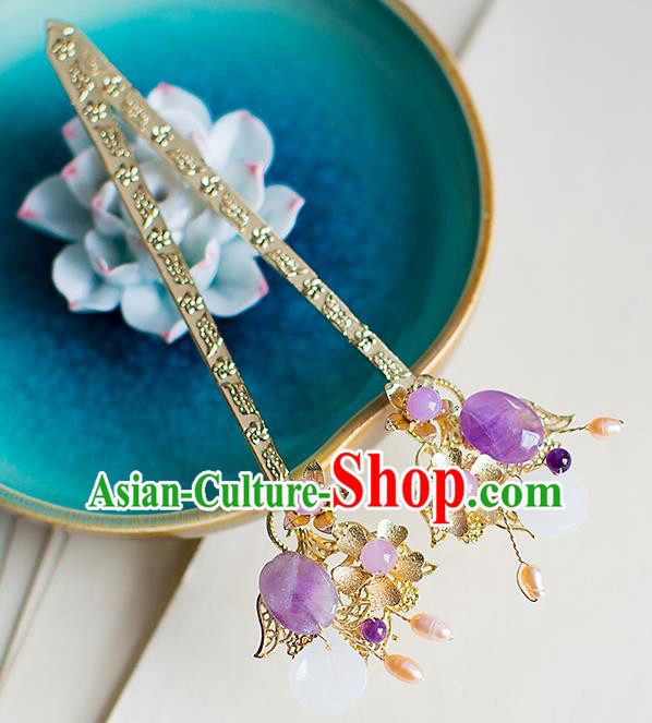 Chinese Traditional Palace Hair Accessories Xiuhe Suit Purple Jade Hair Clips Ancient Hairpins for Women
