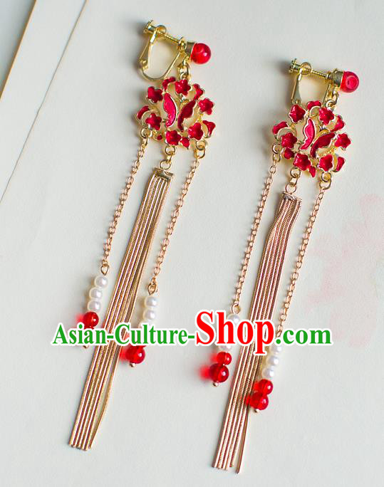 Chinese Ancient Bride Classical Accessories Earrings Wedding Jewelry Hanfu Red Butterfly Tassel Eardrop for Women