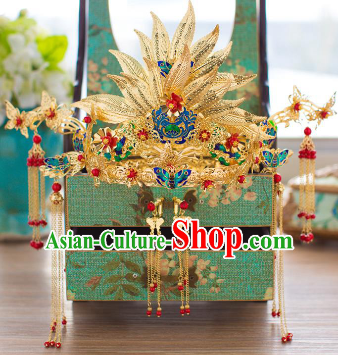 Chinese Traditional Palace Hair Accessories Xiuhe Suit Blueing Phoenix Coronet Ancient Hairpins Complete Set for Women