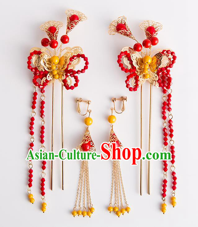 Chinese Traditional Wedding Hair Accessories Ancient Bride Red Beads Tassel Hairpins Headwear for Women