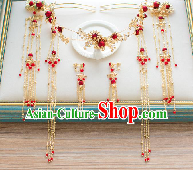 Chinese Traditional Wedding Hair Accessories Ancient Bride Red Phoenix Coronet Hairpins Headwear for Women