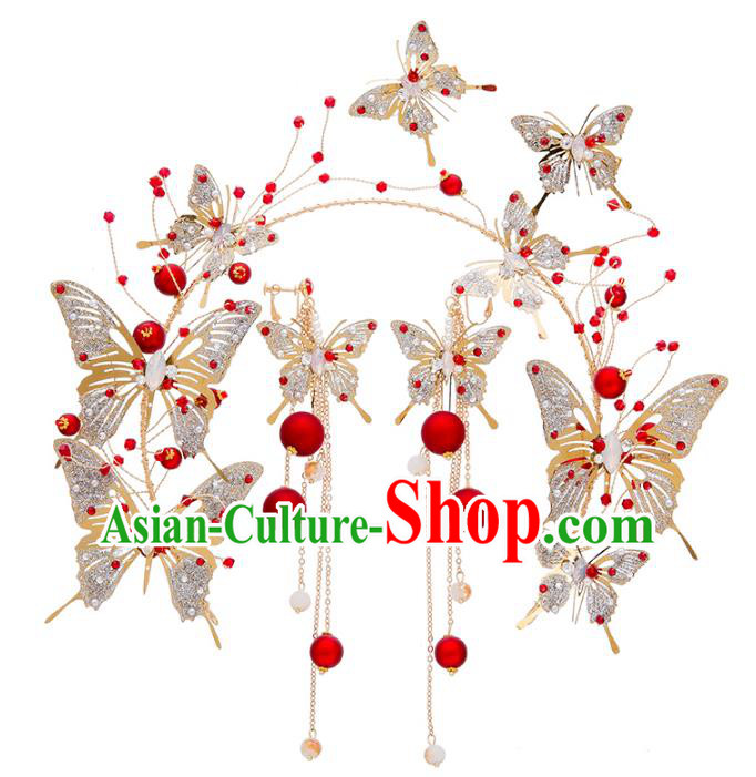 Bride Hair Accessories Wedding Crystal Butterfly Hair Clasp and Earrings Headband for Women