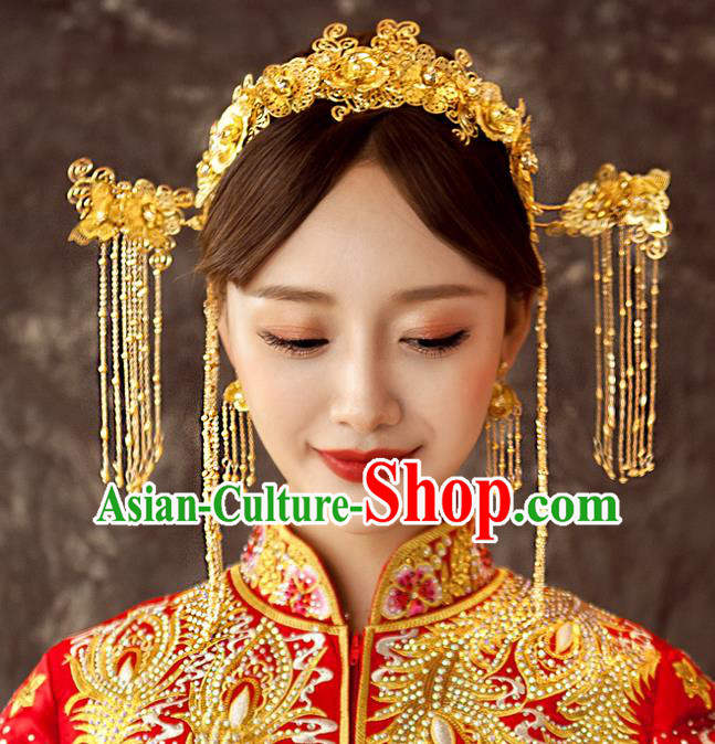 Chinese Traditional Wedding Hair Accessories Golden Phoenix Coronet Ancient Xiuhe Suit Bride Hairpins Step Shake for Women