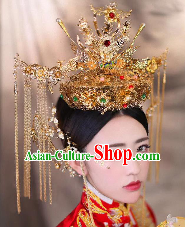 Chinese Traditional Wedding Hair Accessories Ancient Empress Phoenix Coronet Hairpins Step Shake for Women