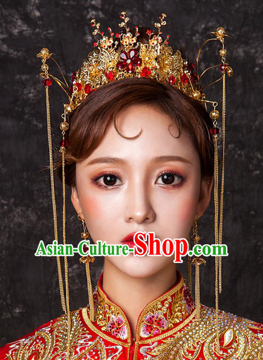 Chinese Traditional Wedding Hair Accessories Tassel Phoenix Coronet Ancient Xiuhe Suit Bride Hairpins Complete Set for Women