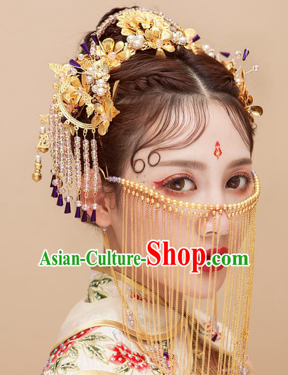 Chinese Traditional Wedding Hair Accessories Tassel Phoenix Coronet Ancient Xiuhe Suit Hairpins Complete Set for Women