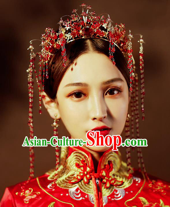 Chinese Traditional Palace Hair Accessories Wedding Red Beads Tassel Phoenix Coronet Ancient Xiuhe Suit Hairpins Complete Set for Women