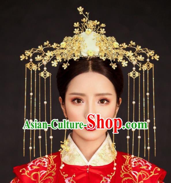 Chinese Traditional Palace Hair Accessories Wedding Jade Phoenix Coronet Ancient Xiuhe Suit Hairpins for Women