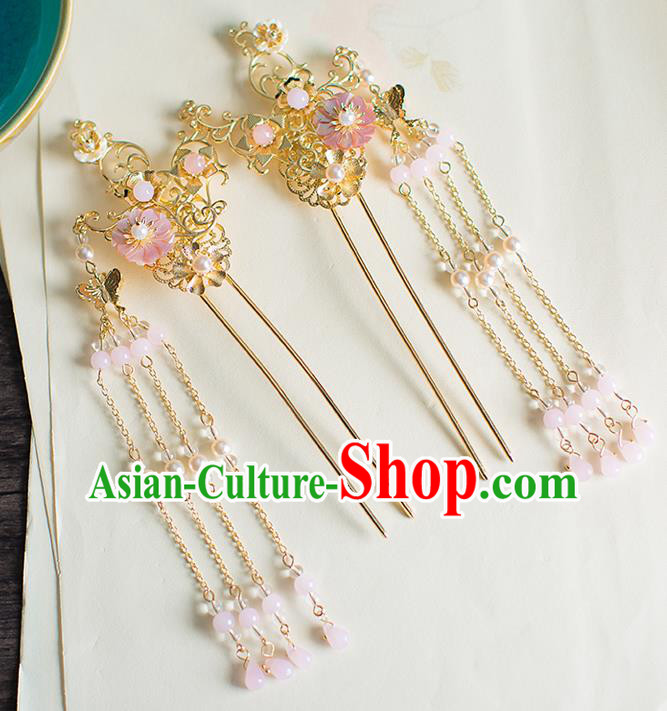 Chinese Traditional Palace Hair Accessories Golden Tassel Hair Clips Ancient Xiuhe Suit Hairpins for Women