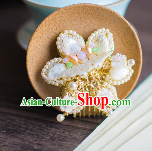 Chinese Traditional Palace Hair Accessories Jade Butterfly Hair Comb Ancient Xiuhe Suit Pearls Hairpins for Women