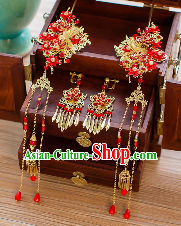 Chinese Traditional Palace Hair Accessories Xiuhe Suit Hair Clip Ancient Tassel Hairpins Complete Set for Women
