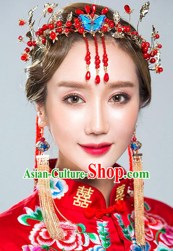 Chinese Traditional Palace Hair Accessories Xiuhe Suit Phoenix Coronet Ancient Blueing Butterfly Hairpins Complete Set for Women