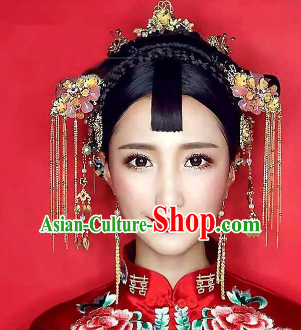 Chinese Traditional Palace Hair Accessories Xiuhe Suit Hair Clips Ancient Tassel Hairpins Complete Set for Women