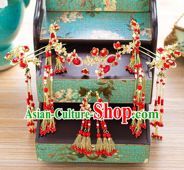 Chinese Traditional Palace Hair Accessories Red Crystal Phoenix Coronet Ancient Xiuhe Suit Tassel Hairpins Complete Set for Women