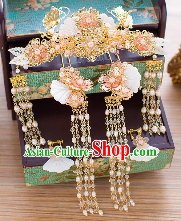 Chinese Traditional Palace Hair Accessories Shell Phoenix Coronet Ancient Xiuhe Suit Tassel Hairpins Complete Set for Women