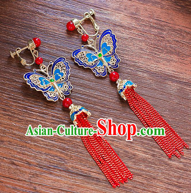 Chinese Ancient Bride Classical Accessories Earrings Wedding Jewelry Hanfu Blue Butterfly Eardrop for Women