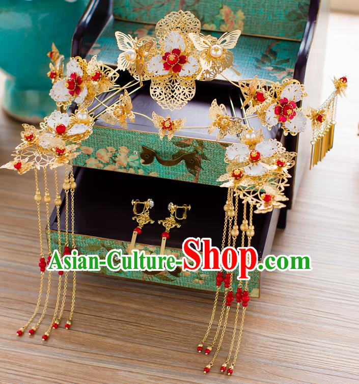 Chinese Traditional Palace Hair Accessories Ancient Xiuhe Suit Golden Phoenix Coronet Hairpins for Women