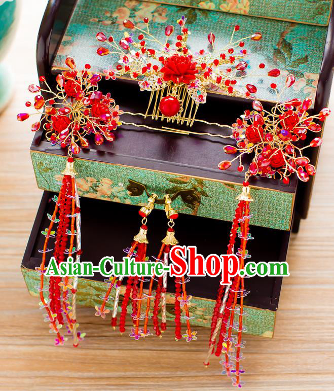 Chinese Traditional Palace Hair Accessories Ancient Xiuhe Suit Red Rose Phoenix Coronet Hairpins for Women