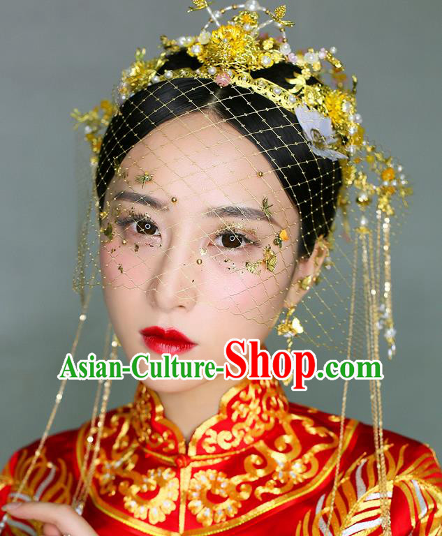 Chinese Traditional Palace Hair Accessories Ancient Hairpins Xiuhe Suit Golden Phoenix Coronet Complete Set for Women