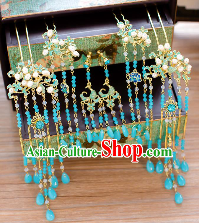 Chinese Traditional Palace Hair Accessories Ancient Hairpins Xiuhe Suit Blue Hair Clips Complete Set for Women