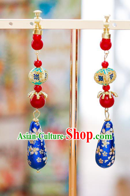 Chinese Ancient Bride Classical Accessories Earrings Wedding Jewelry Hanfu Blue Eardrop for Women