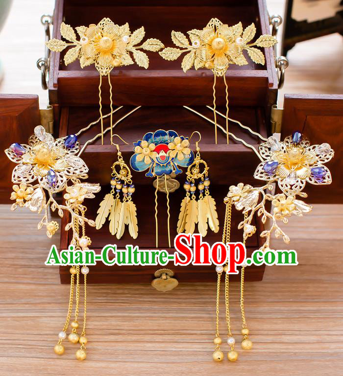 Chinese Traditional Palace Hair Accessories Ancient Hairpins Tassel Step Shake Xiuhe Suit Hair Clips Complete Set for Women